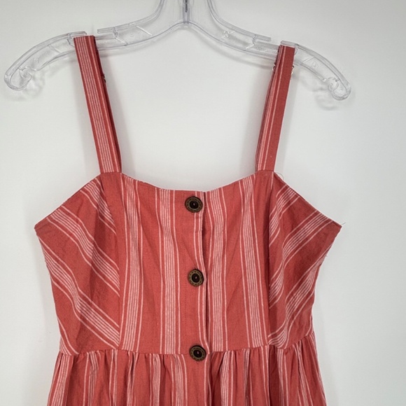 Forever 21 Juniors Medium Sleeveless Sun Dress Coral White Stripes Button Front - Picture 2 of 9